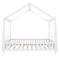 Twin House-Shaped Toddler Bed with 4 High Guard Railings & Roof Frame, Montessori Floor Bed with Canopy, 78.5'' L x 41.5'' W x 78'' H, White(m-2)