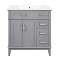 Free-Standing Bathroom Vanity with Ceramic Undermount/Drop-In Sink, Modern Storage Cabinet for Small Condos, 30'' L x 18'' W x 34'' H, Grey(m-2)