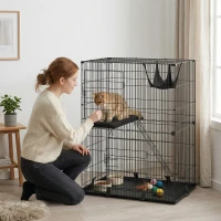PawHut 2-Tier Cat Cage Indoor, Detachable Metal Wire Kennel with Hammock, Platform, Tray and Cushion for 1-2 Kittens(m-1)