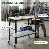HOMCOM 2Tier Rolling Tool Cart with Wheels, Lockable Steel Heavy Duty Cart with Side Tray, Silver & Green(m-6)