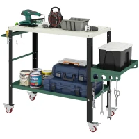 HOMCOM 2Tier Rolling Tool Cart with Wheels, Lockable Steel Heavy Duty Cart with Side Tray, Silver & Green(m-2)