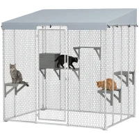PawHut 79" L Galvanized Steel Catio Outdoor Cat Enclosure w/ 420D Waterproof Canopy, Multiple Platforms, Resting Condo, Silver(m-11)
