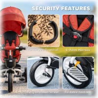 Qaba 6 in 1 Toddler Tricycle with Parent Push Handle, Canopy, Storage Baskets, Cupholder, Red(m-9)