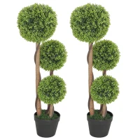 HOMCOM 35 Inch 2 Pack Potted Fake Plant, Artificial Boxwood Topiary Trees, Triple Ball Tree for Indoor and Outdoor, Light Green(m-2)