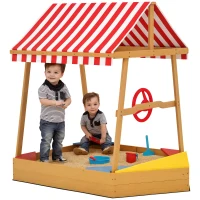 Qaba Wooden Kids Sandbox with Cover, 4 Seats, Rudder, Deck, Bottom Liner, 52" x 40" x 55.5", for Ages 3-8, Yellow(m-11)