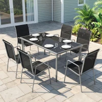 Outsunny 7 Piece Garden Dining Set, Garden Furniture Set with Rectangle Table and 6 Stackable Chairs(m-1)