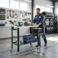 HOMCOM 2Tier Rolling Tool Cart with Wheels, Lockable Steel Heavy Duty Cart with Side Tray, Silver & Green(m-1)