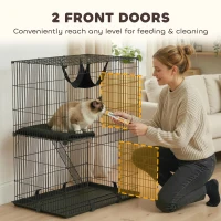 PawHut 2-Tier Cat Cage Indoor, Detachable Metal Wire Kennel with Hammock, Platform, Tray and Cushion for 1-2 Kittens(m-6)
