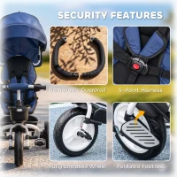 Qaba 6 in 1 Toddler Tricycle with Parent Push Handle, Canopy, Storage Baskets, Cupholder, Dark Blue(m-9)