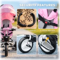 Qaba 6 in 1 Toddler Tricycle with Parent Push Handle, Canopy, Storage Baskets, Cupholder, Pink(m-9)