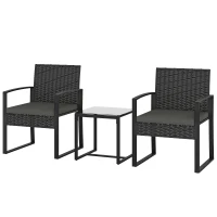 Outsunny Outdoor Bistro Set, 3 Piece Wicker Patio Furniture Set with Glass Top Table and Cushions for Porch, Balcony, Dark Grey(m-2)