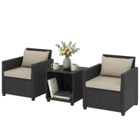 Outsunny 3 Piece Patio Bistro Set, Wicker Furniture Set with Thick Cushions, Glass Coffee Table and Chairs for Garden, Beige(m-1)