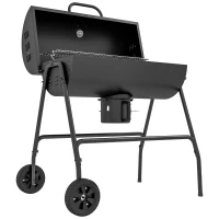 Outsunny Barrel Charcoal BBQ Smoker, Barbecue with 420 sq.in. Cooking Area, Wheels, Ash Catcher, Black(m-2)