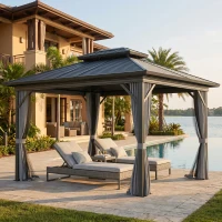 Outsunny 10' x 12' Hardtop Gazebo, Sun Shelter with Double Tier Metal Roof, Mosquito Netting, and Hanging Hook, Light Grey(m-8)