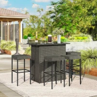 Outsunny 5 Piece Rattan Wicker Bar Set, High Top Outdoor Table and Chairs, Bar Height Patio Set, 2 Shelves & 4 Bar Stools, Gray(m-2)