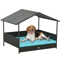 PawHut Rattan Dog House with Canopy, Wicker Dog Bed with Water-Resistant Cushion, for Small and Medium Breeds Blue(m-11)