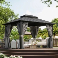 Outsunny 10' x 12' Hardtop Gazebo, Sun Shelter with Double Tier Metal Roof, Mosquito Netting, and Hanging Hook, Light Grey(m-1)
