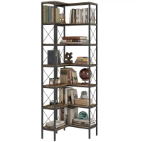 HOMCOM 6-Tier L-Shaped Bookshelf, Freestanding Corner Bookcase with Metal Frame, Rustic Brown(m-11)