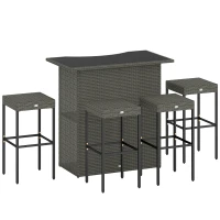 Outsunny 5 Piece Rattan Wicker Bar Set, High Top Outdoor Table and Chairs, Bar Height Patio Set, 2 Shelves & 4 Bar Stools, Gray(m-11)