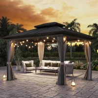 Outsunny 10' x 12' Hardtop Gazebo, Sun Shelter with Double Tier Metal Roof, Mosquito Netting, and Hanging Hook, Light Grey(m-9)