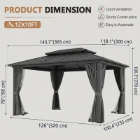 Outsunny 10' x 12' Hardtop Gazebo, Sun Shelter with Double Tier Metal Roof, Mosquito Netting, and Hanging Hook, Light Grey(m-3)