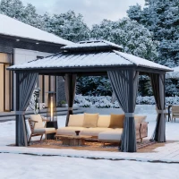 Outsunny 10' x 12' Hardtop Gazebo, Sun Shelter with Double Tier Metal Roof, Mosquito Netting, and Hanging Hook, Light Grey(m-10)
