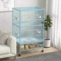 PawHut 52'' Large Rolling Steel Bird Cage Bird House with Rolling Stand, Storage Shelf, Wood Perch, Food Container, Light Blue(m-10)