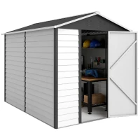 Outsunny 9' x 6' Garden Shed, Outdoor Storage Patio Shed w/ Sloped Roof, Lockable Door for Patio Lawn, Dark Grey(m-2)