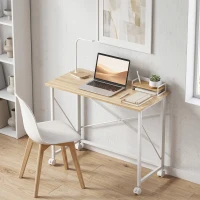 HOMCOM 31.5" Home Office Desk, Folding Desk with Wheels for Small Space, Easy Assemblyfor Home Office, Natural Wood Finish(m-8)