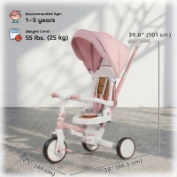 Qaba 7 in 1 Toddler Tricycle with Safety Harness, Adjustable & Removable Parent Handle, Canopy, Storage Bag, Brake, Pink(m-3)
