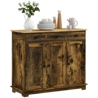 HOMCOM Kitchen Storage Cabinet, Sideboard Floor Cupboard with Solid Wood Top, Adjustable Shelf, and 3 Drawers, Brown(m-11)