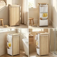 HOMCOM Bamboo Laundry Hamper with Removable Drawstring Bag and Side Storage Pockets, 19.8 Gal, Natural(m-10)