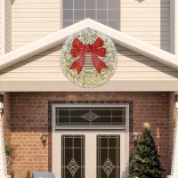 HOMCOM 48in Flocked Pre-Lit Christmas Wreath with 3D Red Bow, 11 Lighting Modes, Front Door Christmas Wreath with Remote(m-8)