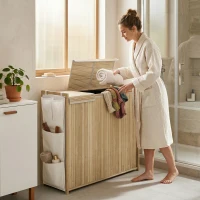 HOMCOM Bamboo Laundry Hamper with Removable Drawstring Bag and Side Storage Pockets, 47 Gal, Natural(m-9)