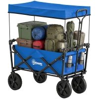 Outsunny Steel Frame Folding Garden Cart, Collapsible Wagon Cart with Removable Canopy, Telescopic Handle and Carrying Bag, Dark Blue(m-2)