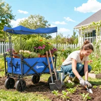 Outsunny Steel Frame Folding Garden Cart, Collapsible Wagon Cart with Removable Canopy, Telescopic Handle and Carrying Bag, Dark Blue(m-8)