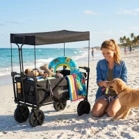 Outsunny Steel Frame Folding Garden Cart, Collapsible Wagon Cart with Removable Canopy, Telescopic Handle and Carrying Bag(m-9)