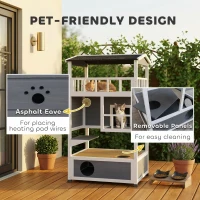 PawHut Wooden Outdoor Cat House, Feral Cat Shelter Kitten Condo with Asphalt Roof, Escape Doors, Condo, Jumping Platform, Gray(m-7)