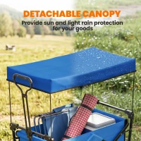 Outsunny Steel Frame Folding Garden Cart, Collapsible Wagon Cart with Removable Canopy, Telescopic Handle and Carrying Bag, Dark Blue(m-6)