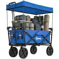 Outsunny Steel Frame Folding Garden Cart, Collapsible Wagon Cart with Removable Canopy, Telescopic Handle and Carrying Bag, Dark Blue(m-11)