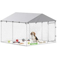PawHut 7.5' x 7.5' x 5.6' Outdoor Dog Kennel Heavy Duty Galvanized Steel Chain Link with UV-resistant Roof, Silver(m-11)