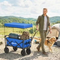Outsunny Steel Frame Folding Garden Cart, Collapsible Wagon Cart with Removable Canopy, Telescopic Handle and Carrying Bag, Dark Blue(m-1)
