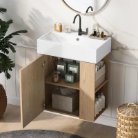 Modern Wall-Mounted Bathroom Vanity with Ceramic Basin, Space-Saving Floating Cabinet for Compact Bathrooms, 21.5'' L x 12'' W x 26.5'' H, Wood(m-9)