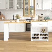 Practical Bar Table with Extendable Rolling Foldable Top, Solid Kitchen Island with Double-Sided Drawers, 82.5" L x 27.5" W x 38.5" H, White+Natural(m-4)