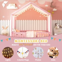 Montessori Full-Size House-Shaped Bed with Lightweight Polyester Canopy, Soft Pink Platform Bed for Child’s Room, 78.5'' L x 56.5'' W x 78'' H, Pink(m-5)