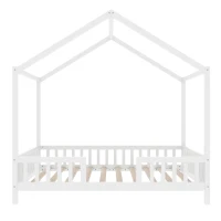 Twin House-Shaped Toddler Bed with 4 High Guard Railings & Roof Frame, Montessori Floor Bed with Canopy, 78.5'' L x 41.5'' W x 78'' H, White(m-11)