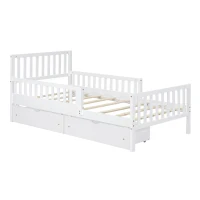 Twin Wood Platform Bed with 2 Under-Bed Storage Drawers, Solid Bed Frame for Children or Restless Sleepers, 77.5'' L x 42'' W x 34.5'' H, White(m-8)