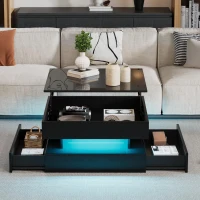 Lift-Top Coffee Table with App-Controlled LED Lighting and Liftable Top, Compact Center Table with 2 Drawers, 25.5" L x 25.5" W x 15" H, Black(m-8)