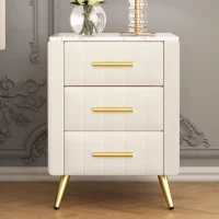 Upholstered Nightstand with 3 Drawers, Marble-Effect Top and Metal Legs, Beige Beside Table with Plywood Frame, 16.5'' L x 16.5'' W x 22'' H, Beige(m-5)