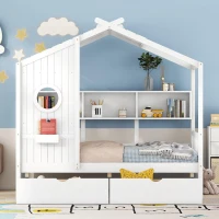 Kids Twin Size House Bed with 2 Storage Drawers and Rear Shelf, House-Style Kids Bed Frame with Plywood and MDF, 78'' L x 42.5'' W x 72'' H, White(m-4)